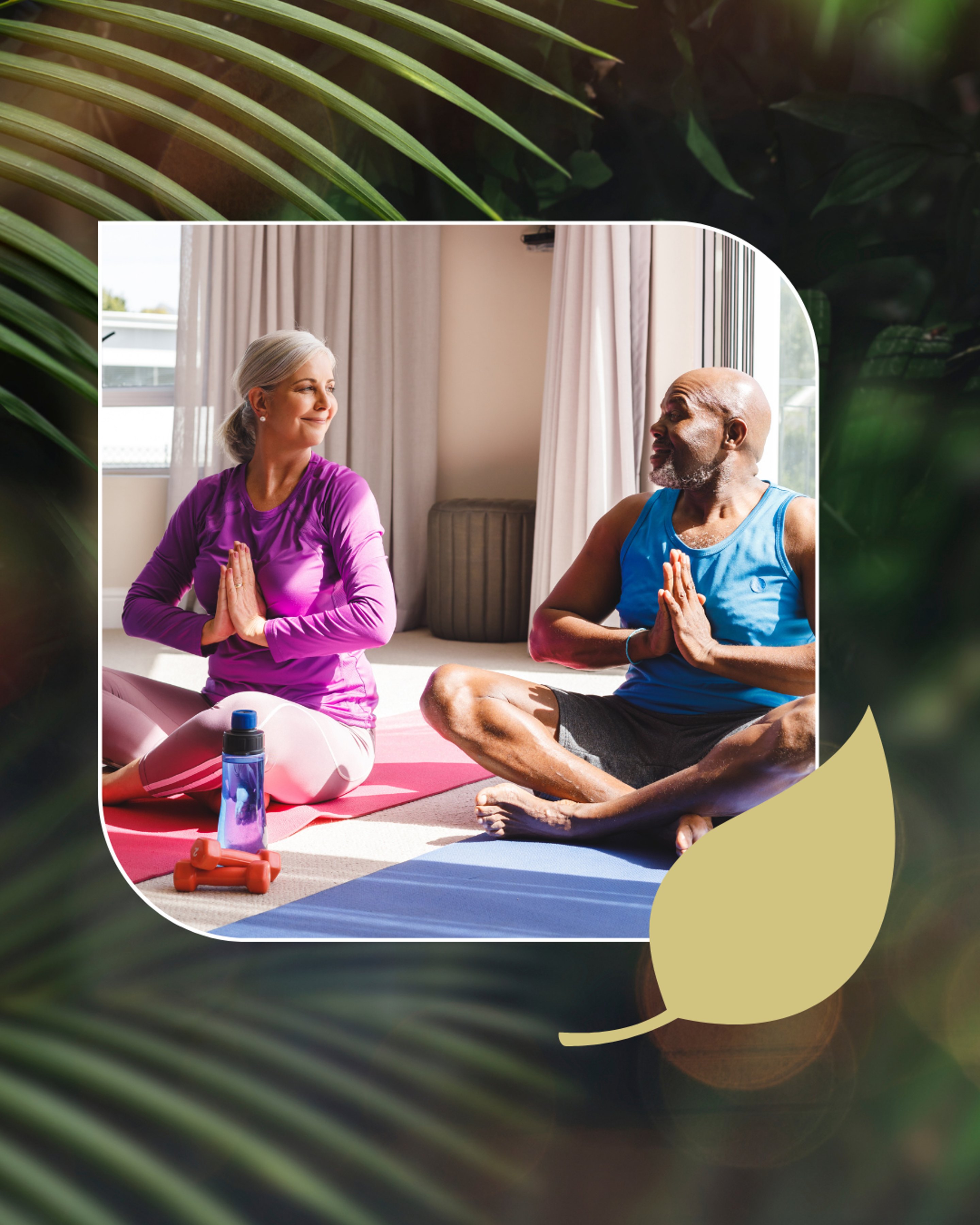 Elderly friends enjoy yoga, staying strong and vital with peptide therapy.