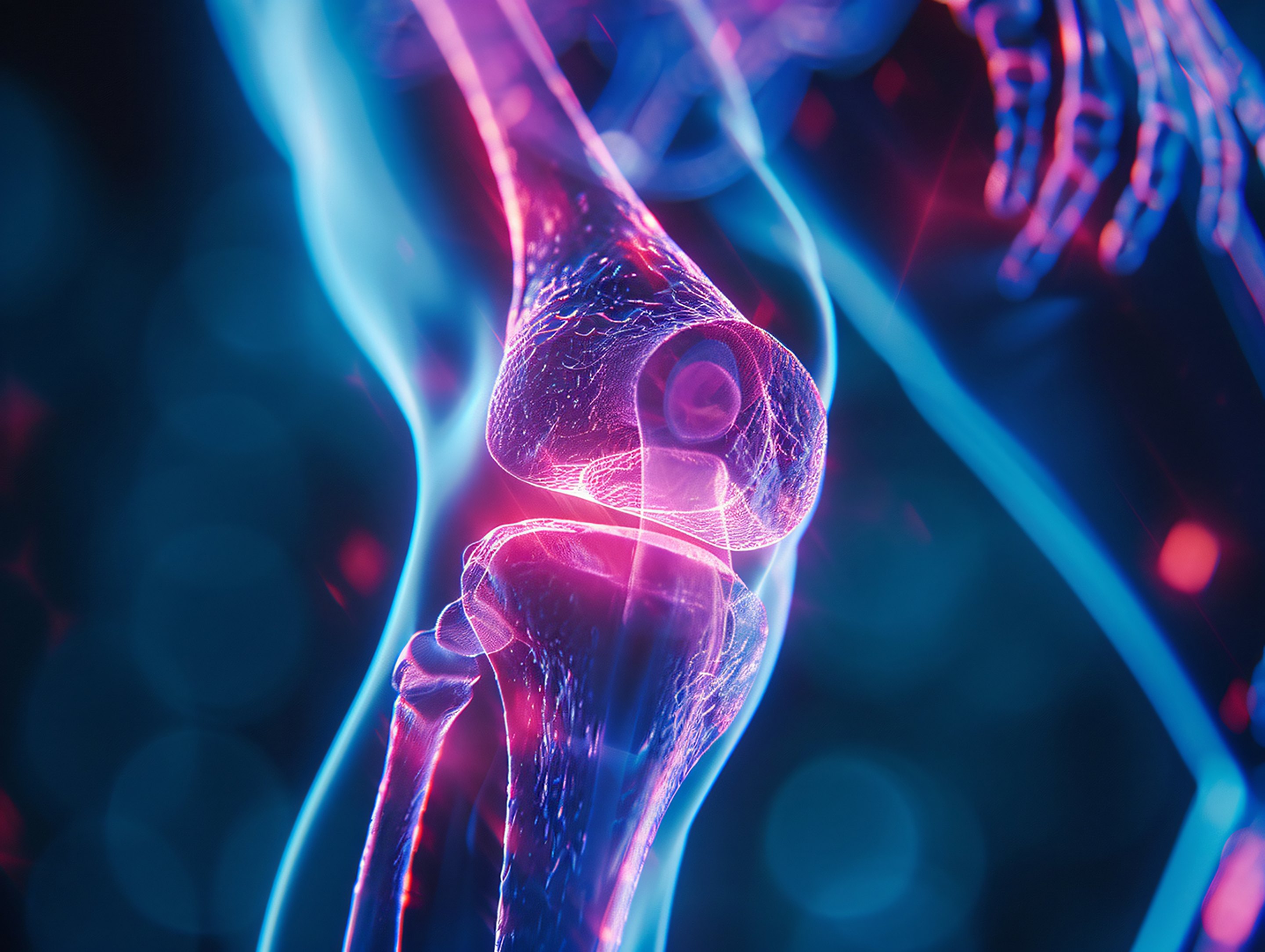 An artistic rendering of a human knee and leg needing stem cell therapy.