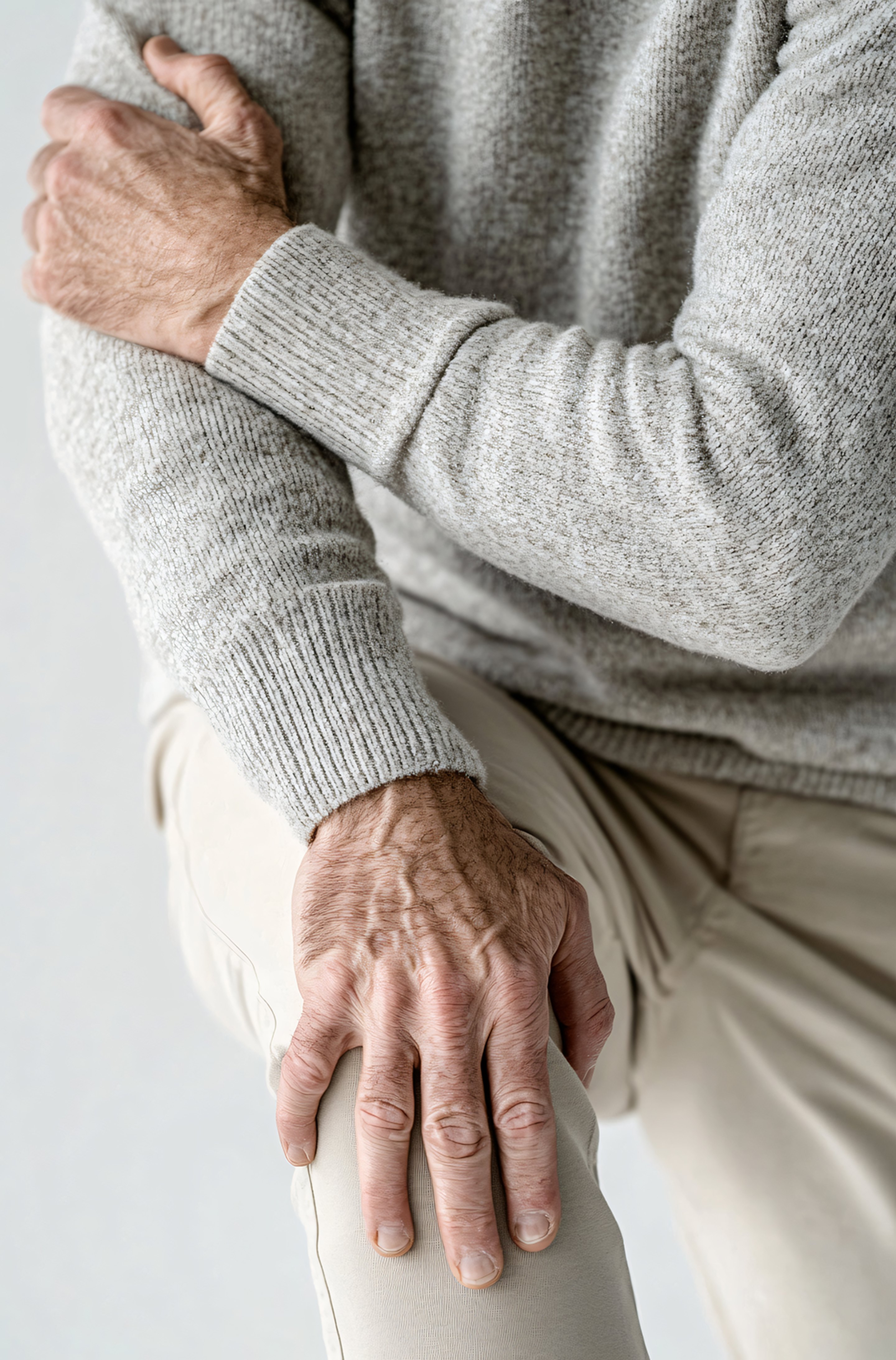 A close-up of a person's hands holding their painful elbow beacause of arthritis.