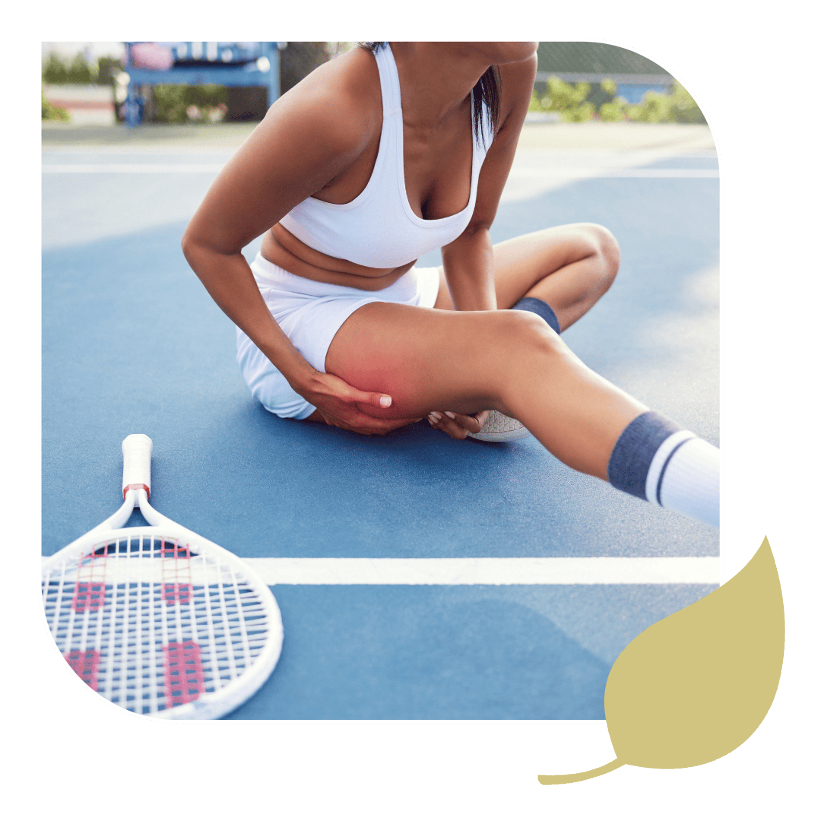 Woman holding thigh, looking pained seeking sport injury treatment.
