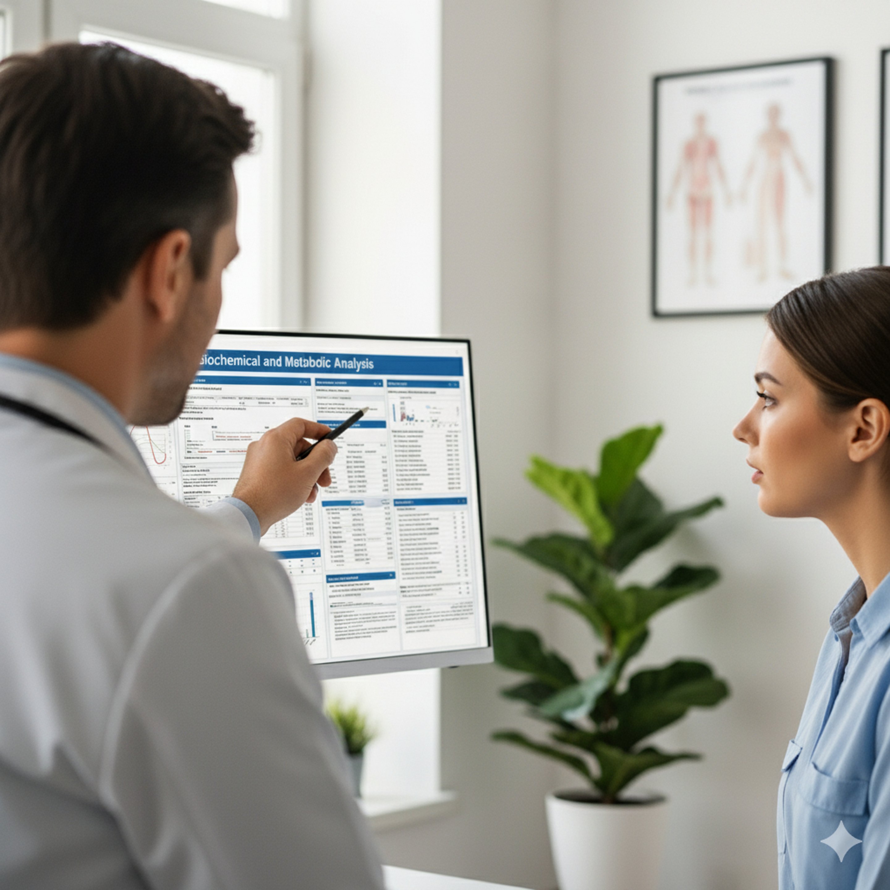 A male doctor explaining a metabolic health chart to a patient in Stuart, FL.