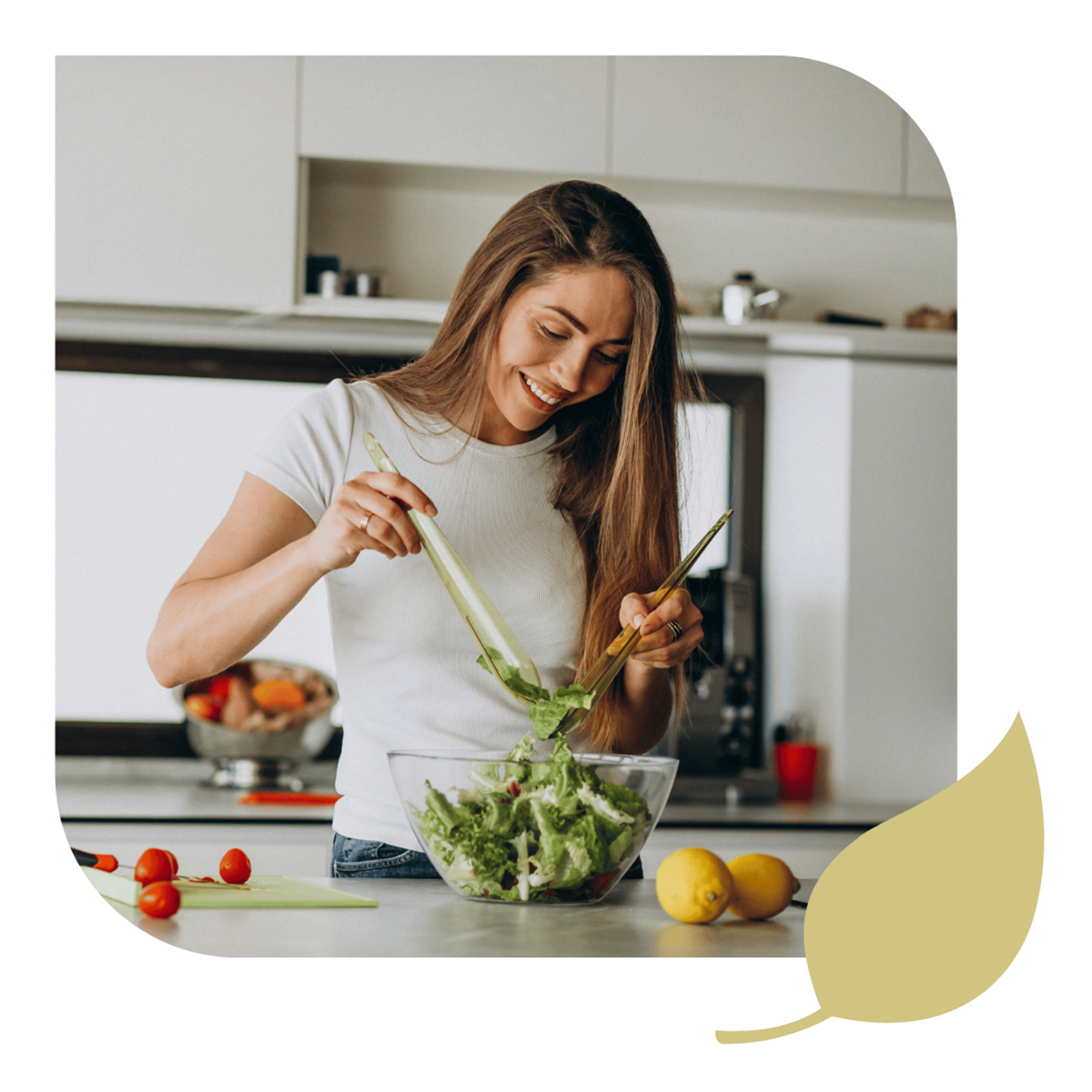 Woman making a fresh salad after our personalized nutritional counseling.