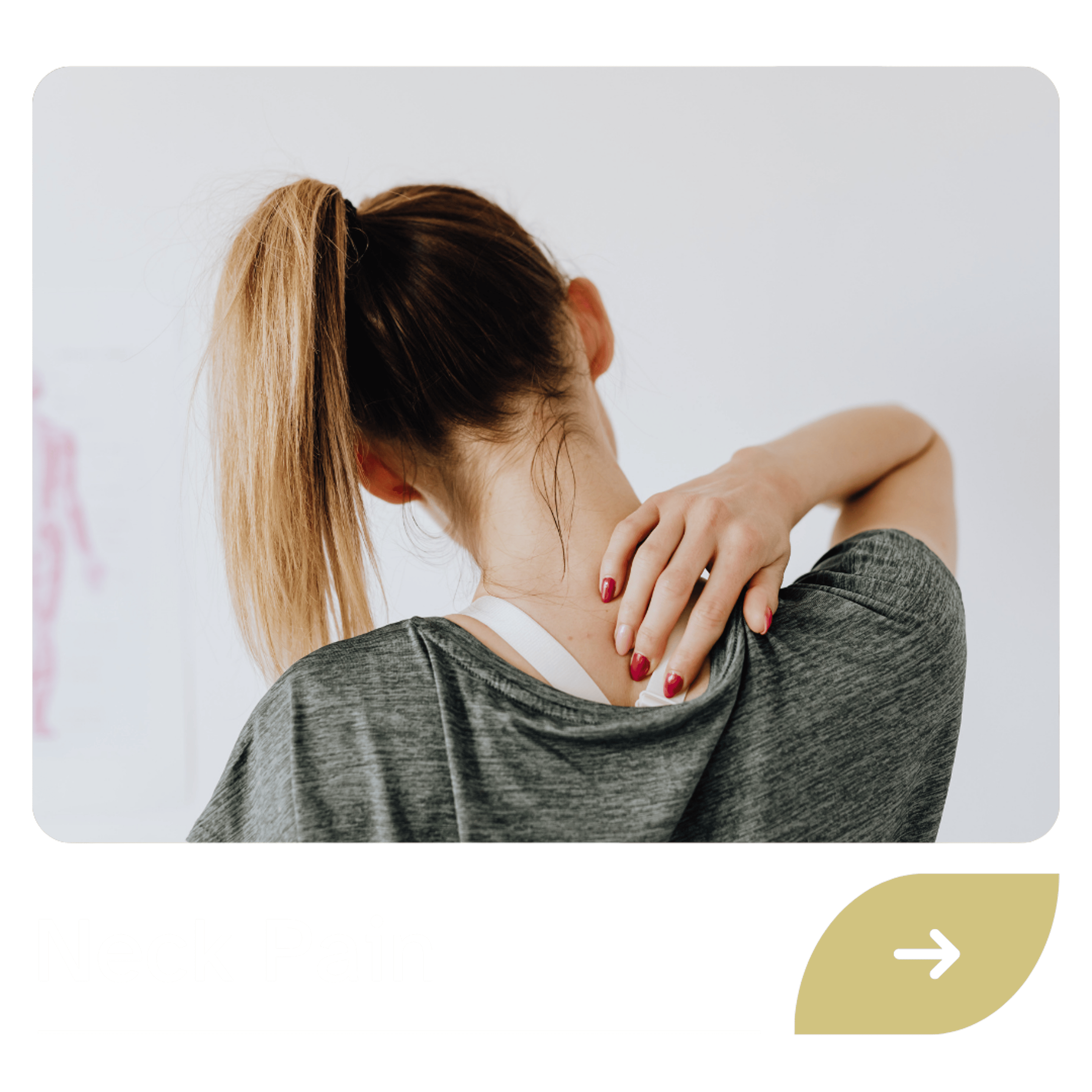 A woman reaching her right hand to rub her painful neck.