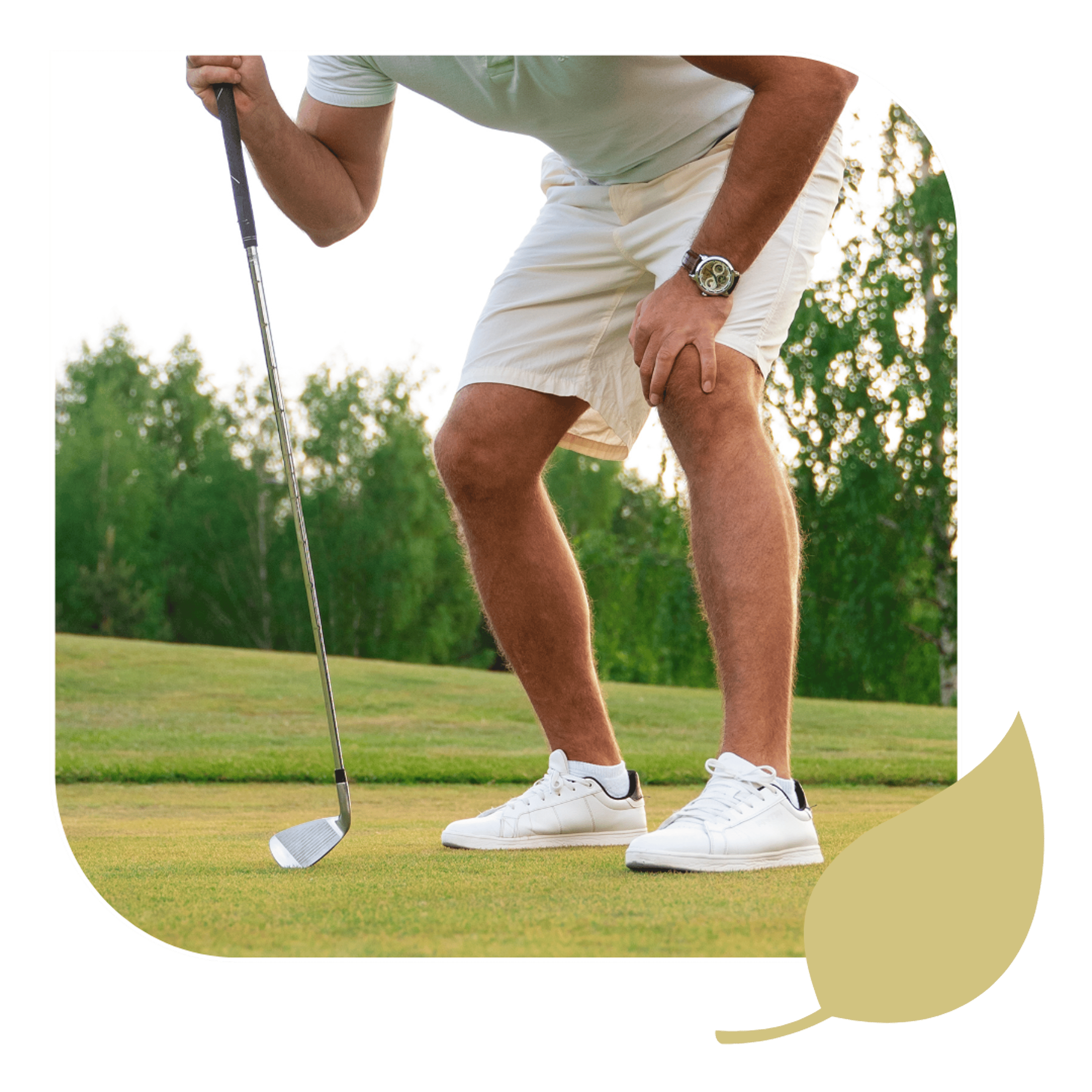 Golfer clutches knee on golf field, seeking knee pain relief.