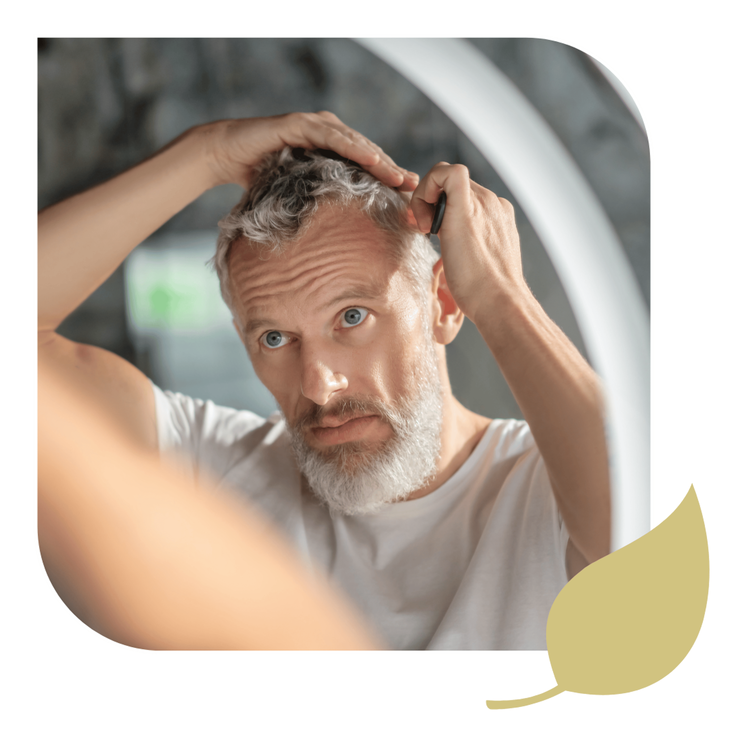 A man concerned about hair loss examines his scalp in Stuart, FL.
