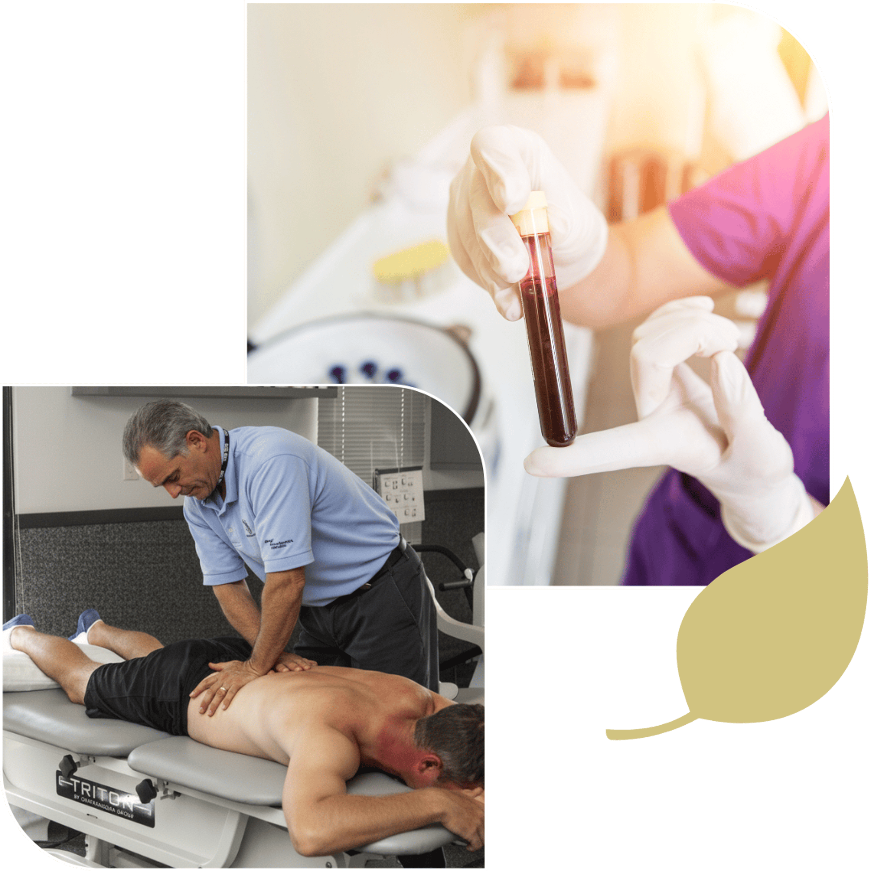 A male chiropractor adjusting a patient's back & a nurse holding a medicine flask.